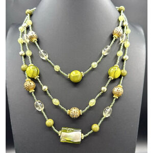 Multistrand Necklace 25" Green Lampwork Glass and Seed Bead Gold Tone Accents